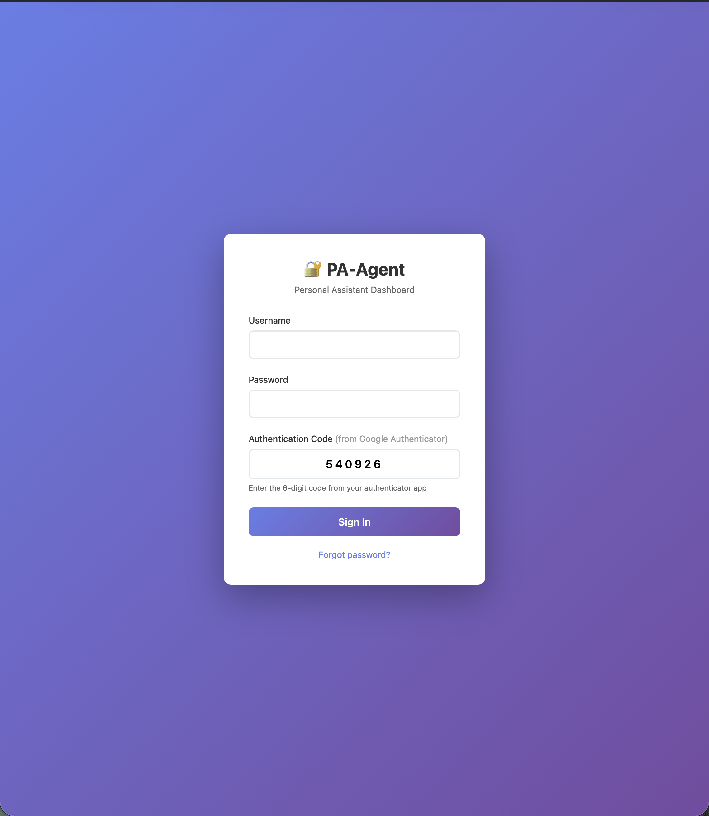 PA-Agent secure login screen with username, password, and Google Authenticator 2FA code fields